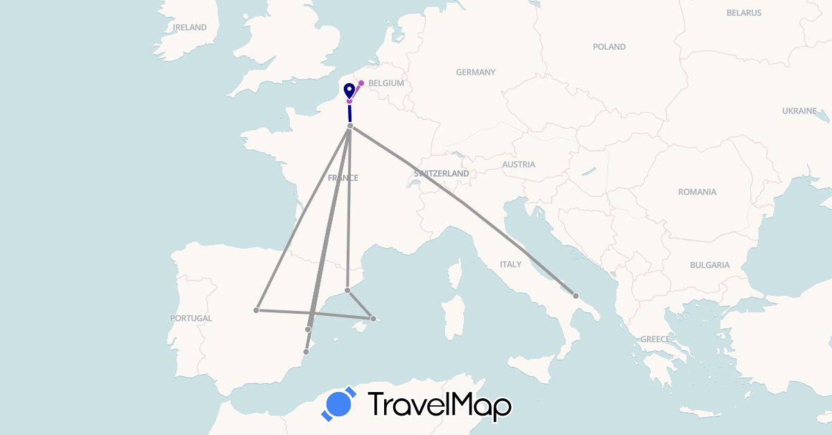 TravelMap itinerary: driving, plane, train in Spain, France, Italy (Europe)